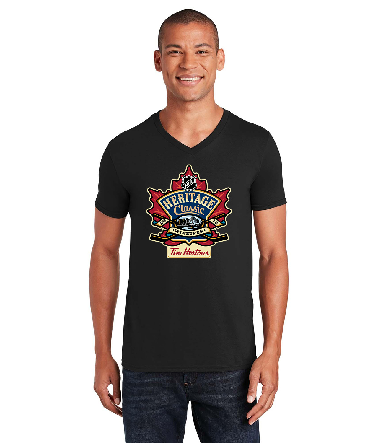 2016 NHL Heritage Classic Tim Hortons Hockey Logo Symbol Emblem Customized Design on Unisex V-Neck T-Shirt Tee