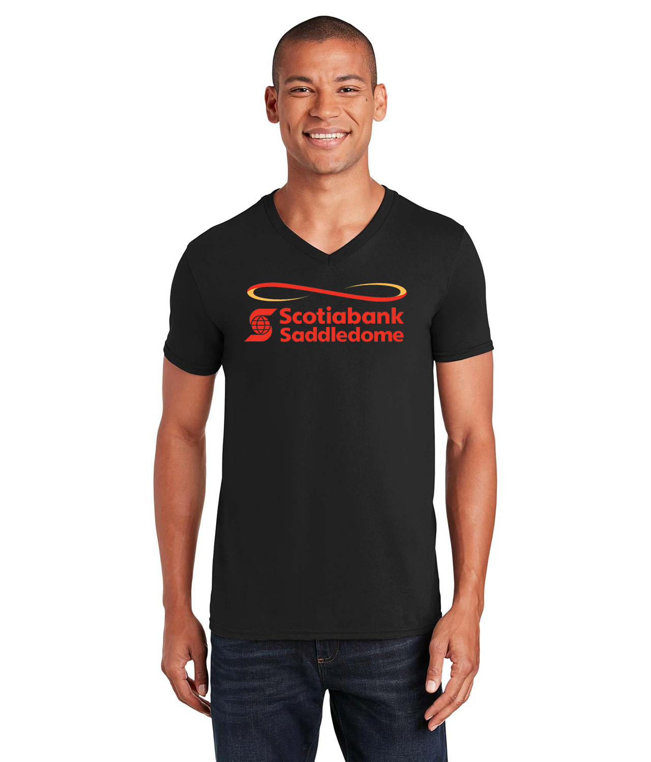 Calgary Flames Scotiabank Saddledome Stadium Hockey Logo Symbol Emblem Customized Design on Unisex V-Neck T-Shirt Tee