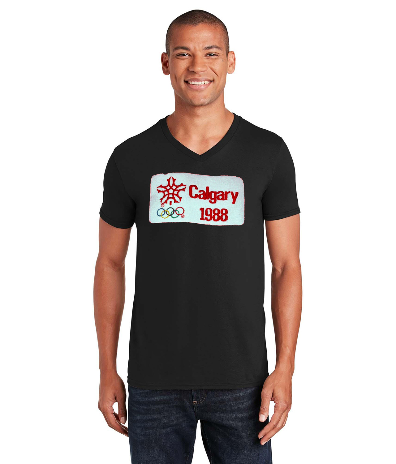 1988 Winter Olympics In Calgary - Calgary Flames Hockey Logo Symbol Emblem Customized Design on Unisex V-Neck T-Shirt Tee