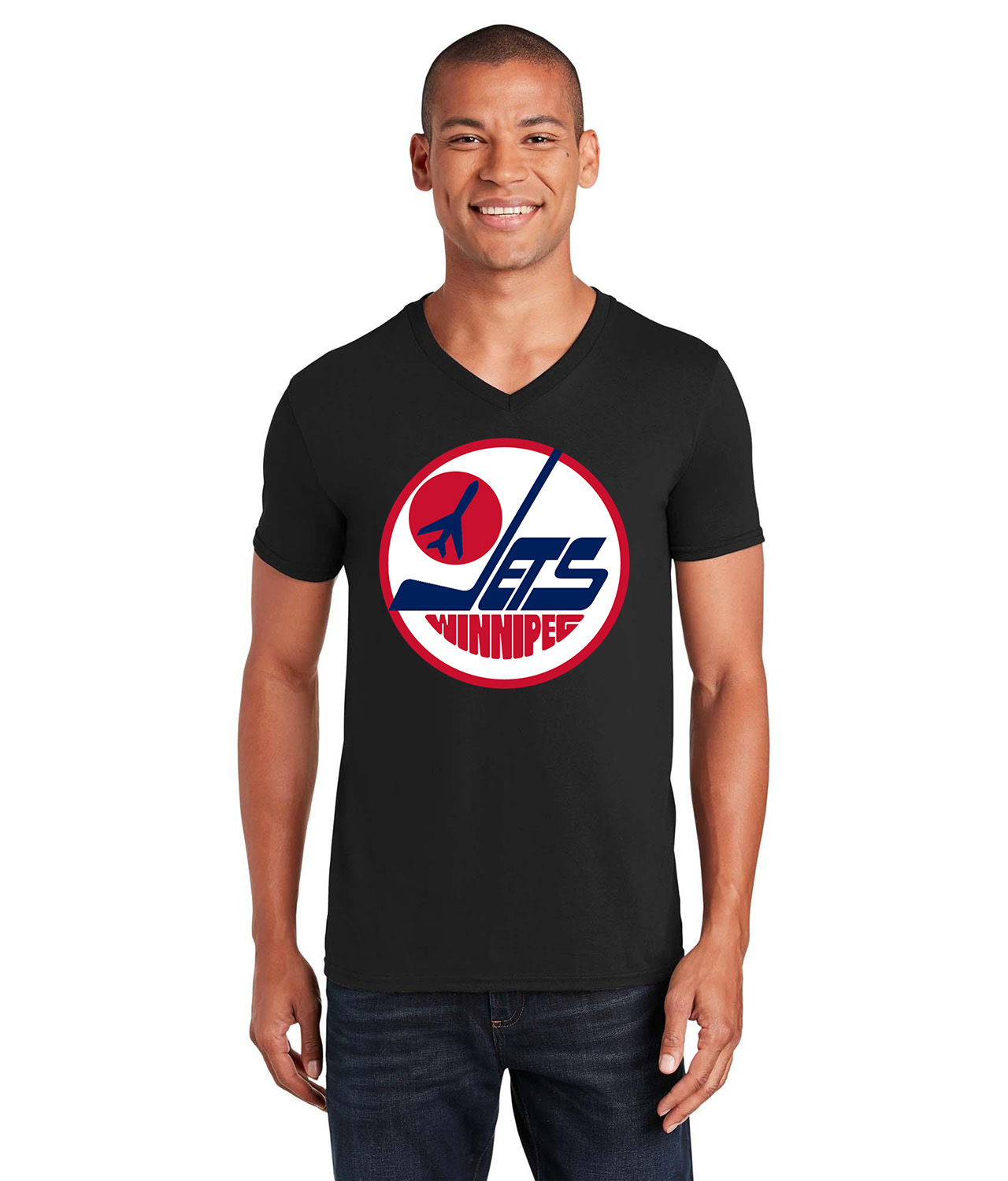 Winnipeg Jets Jersey 1979 Hockey Logo Symbol Emblem Customized Design on Unisex V-Neck T-Shirt Tee