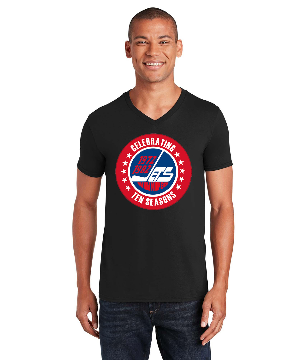 Winnipeg Jets 10th Anniversary Hockey Logo Symbol Emblem Customized Design on Unisex V-Neck T-Shirt Tee