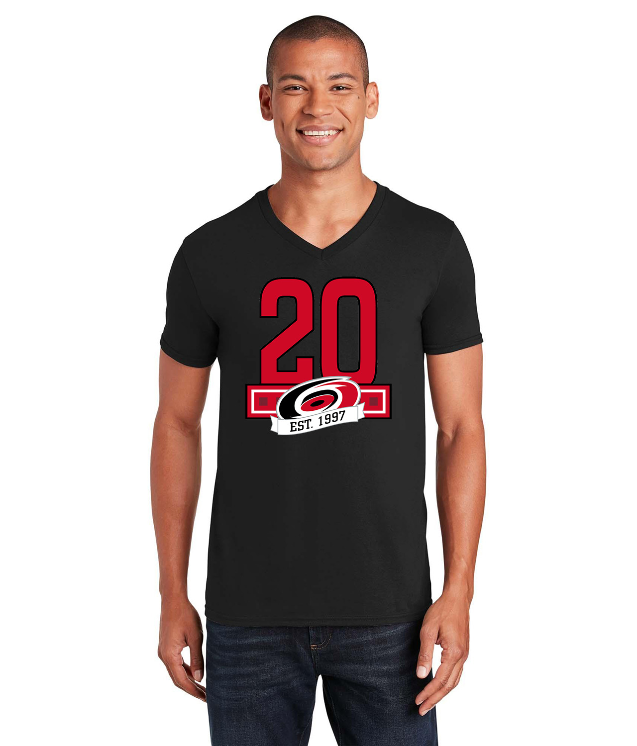 20th Anniversary Of The Carolina Hurricanes Hockey Logo Symbol Emblem Customized Design on Unisex V-Neck T-Shirt Tee