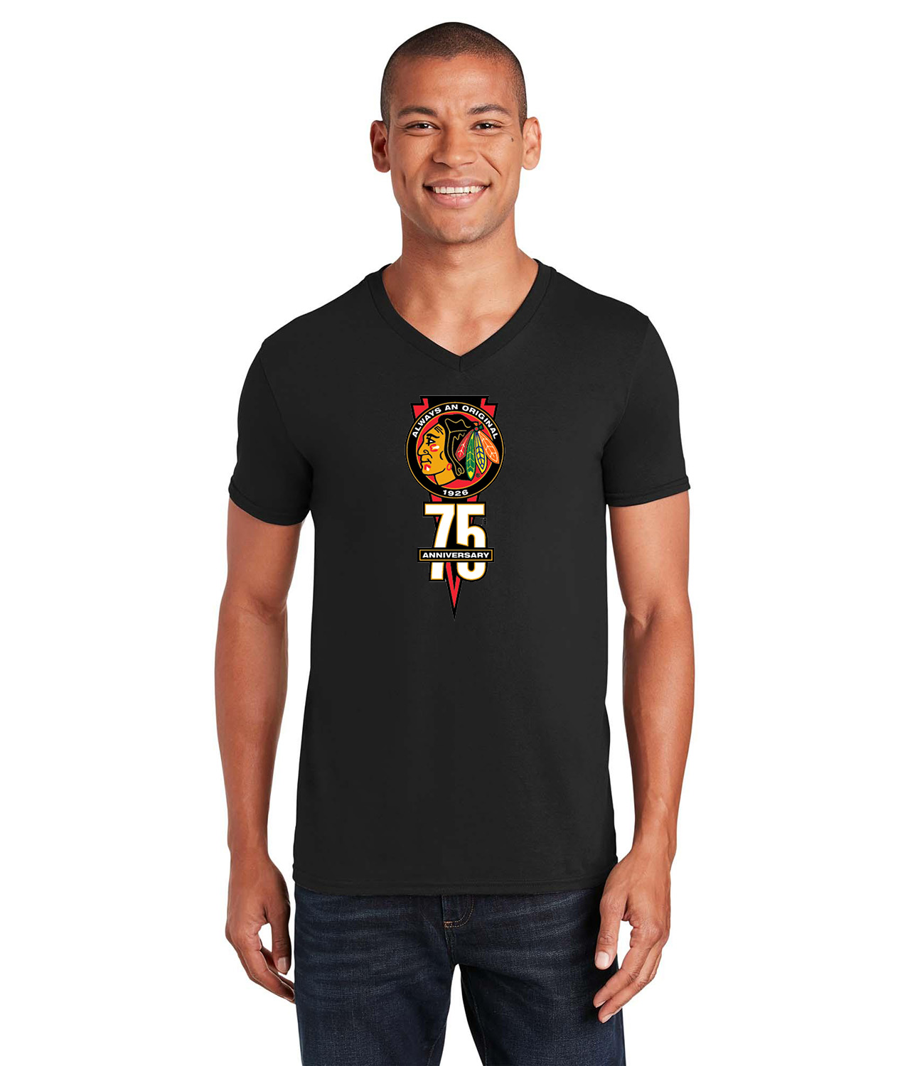 75th Anniversary of The Chicago Blackhawks 2000 Hockey Logo Symbol Emblem Customized Design on Unisex V-Neck T-Shirt Tee