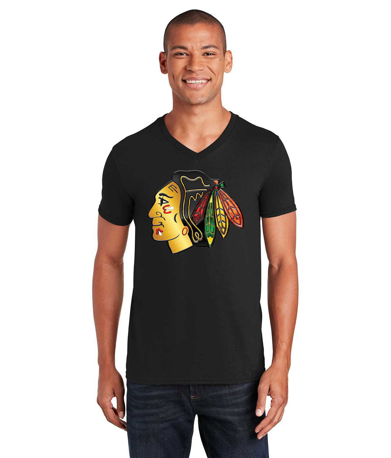 Chicago Blackhawks Stadium Series Chrome Treated Hockey Logo Symbol Emblem Customized Design on Unisex V-Neck T-Shirt Tee