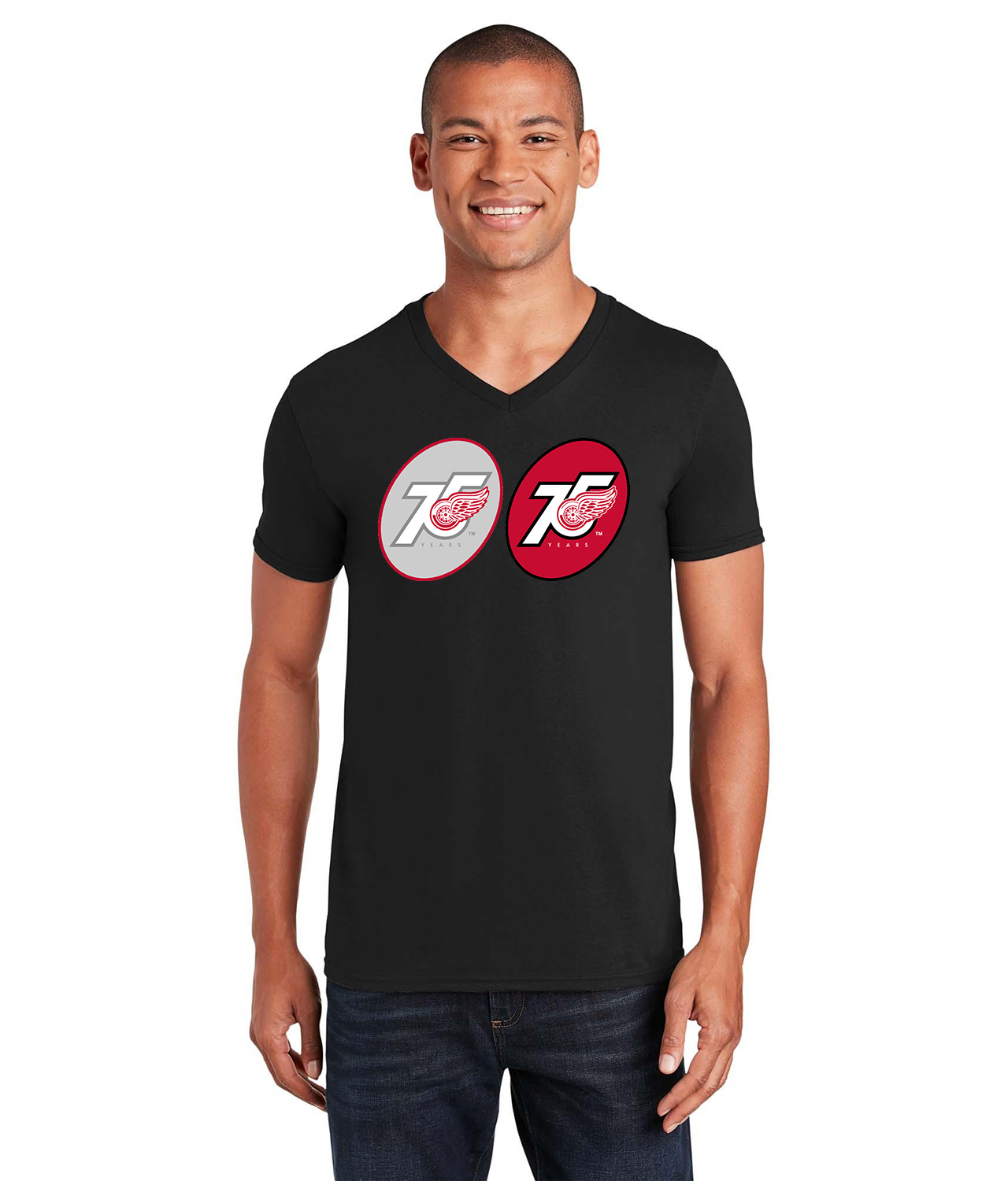 75th Anniversary Of The Detroit Red Wings Hockey Logo Symbol Emblem Customized Design on Unisex V-Neck T-Shirt Tee