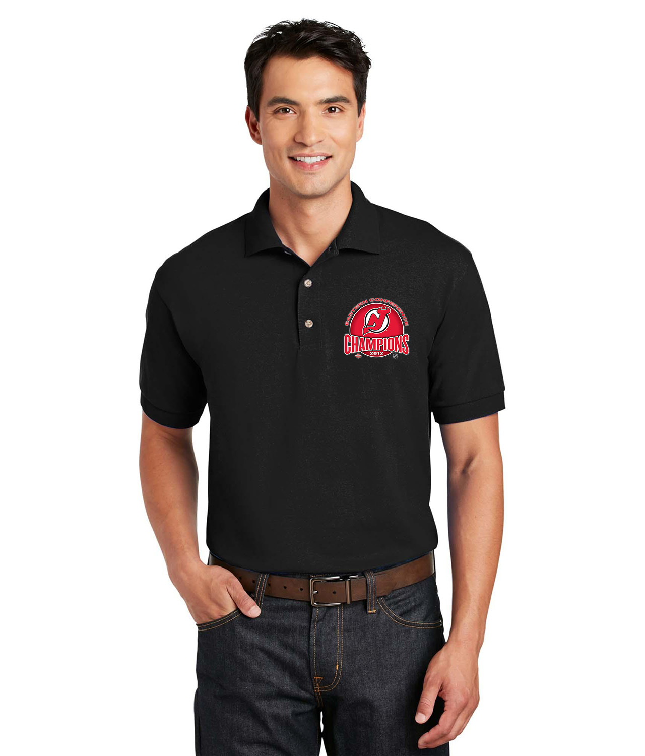 New Jersey Devils 2012 Eastern Conference Champions Hockey Logo Symbol Emblem Customized Design on Unisex Sport Knit Jersey Polo T-Shirt