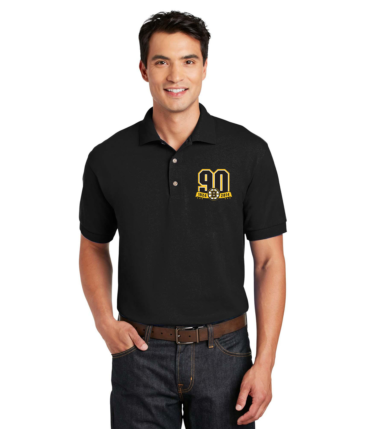 Boston Bruins 90th Anniversary Hockey Logo Symbol Emblem Customized Design on Unisex Sport Knit Jersey Polo T-Shirt