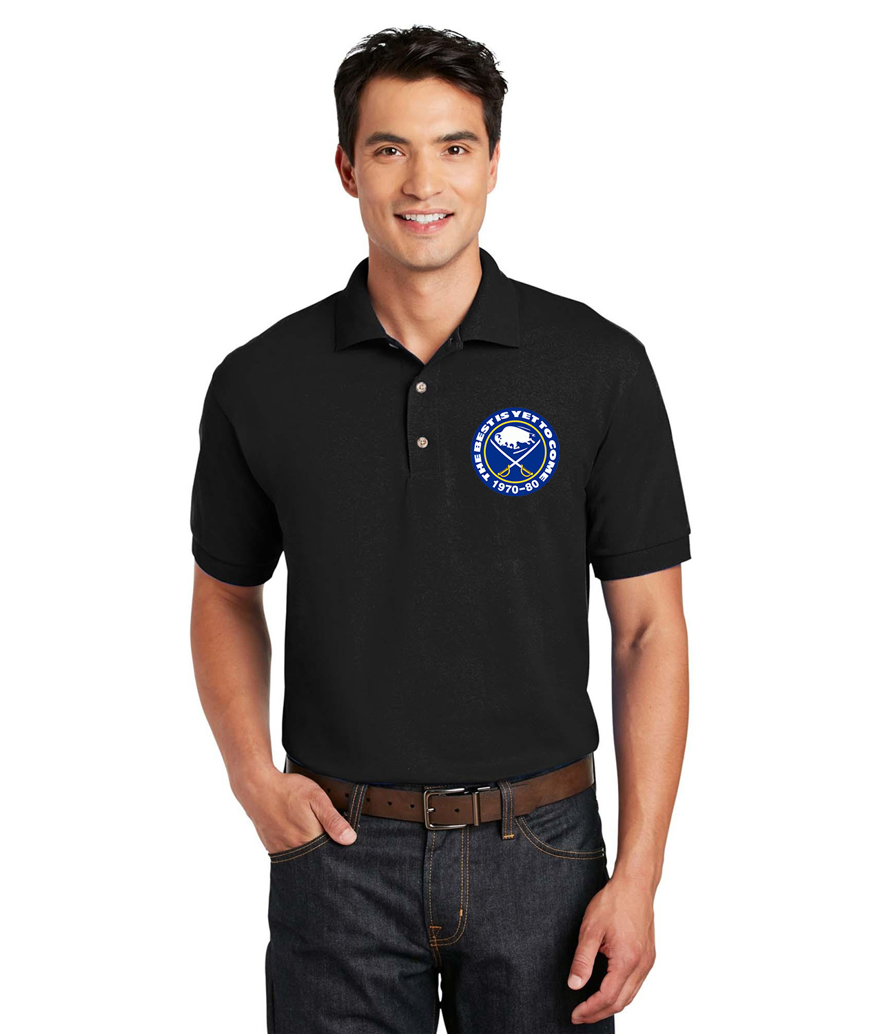 Buffalo Sabres The Best Is Yet To Come 1970-80 Hockey Logo Symbol Emblem Customized Design on Unisex Sport Knit Jersey Polo T-Shirt