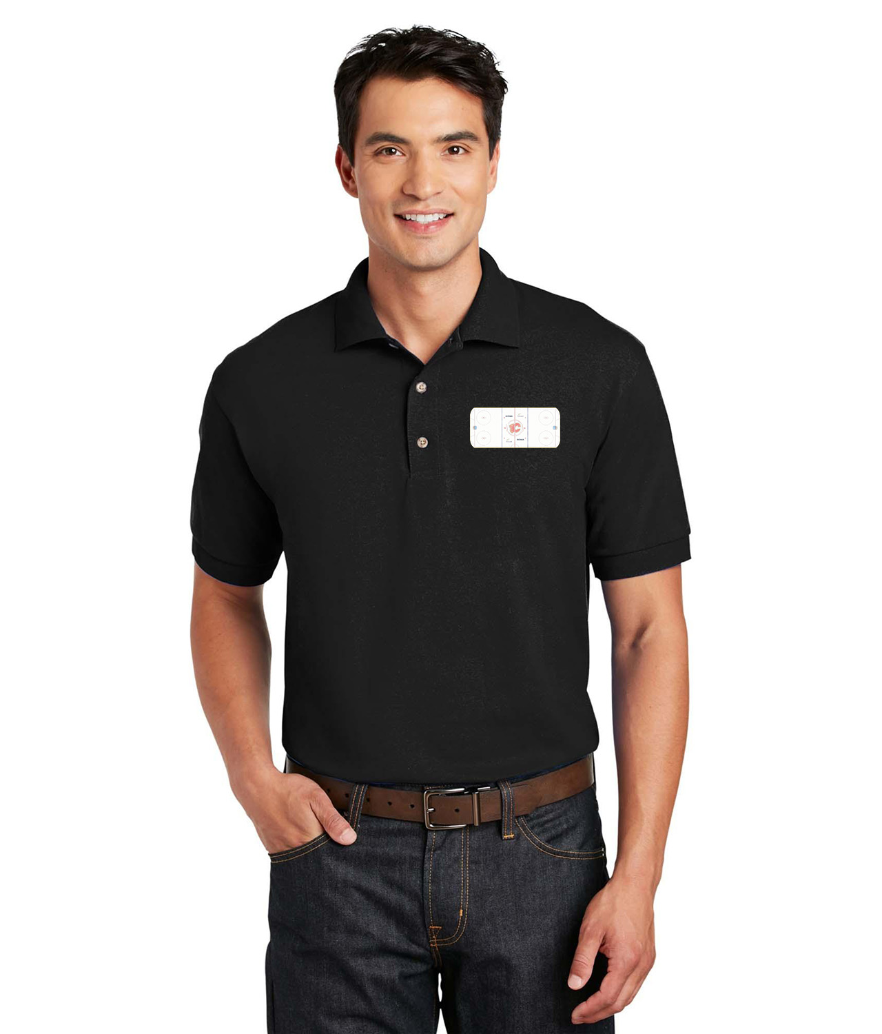 Calgary Flames Scotiabank Saddledome Playing Ice Surface Hockey Logo Symbol Emblem Customized Design on Unisex Sport Knit Jersey Polo T-Shirt