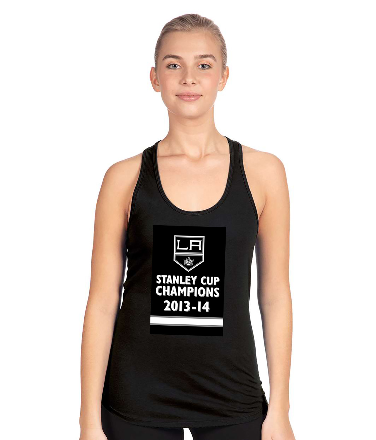 Los Angeles Kings 2014 Stanley Cup Champions Banner Hockey Logo Symbol Emblem Customized Design on Women's Racerback Tank Top