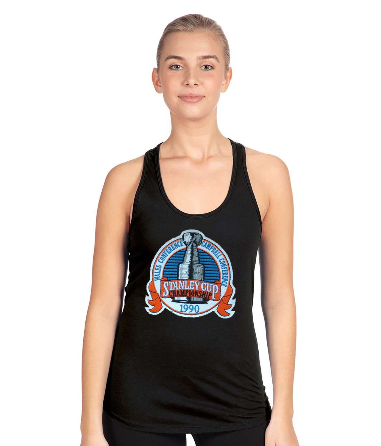 1990 NHL Stanley Cup Playoffs - Final Edmonton Oilers Vs. Boston Bruins Hockey Logo Symbol Emblem Customized Design on Women's Racerback Tank Top