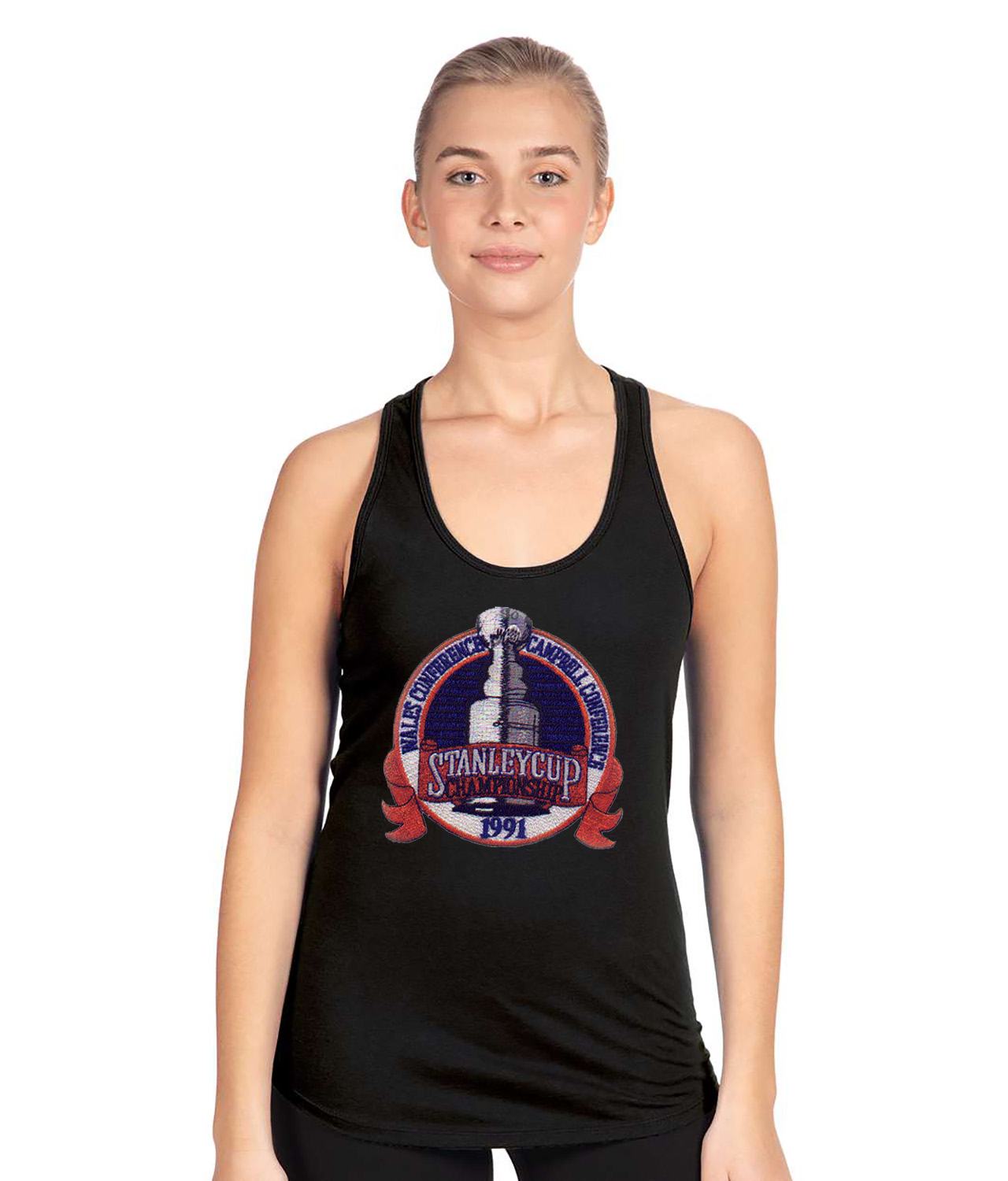 1991 NHL Stanley Cup Playoffs - Final Pittsburgh Penguins vs Minnesota North Stars Hockey Logo Customized Design on Women's Racerback Tank Top