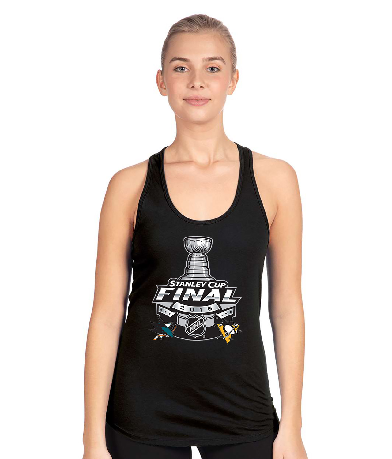 2016 NHL Stanley Cup Final Matchup - Pittsburgh Penguins Vs San Jose Sharks Hockey Logo Emblem Customized Design on Women's Racerback Tank Top - Image 1