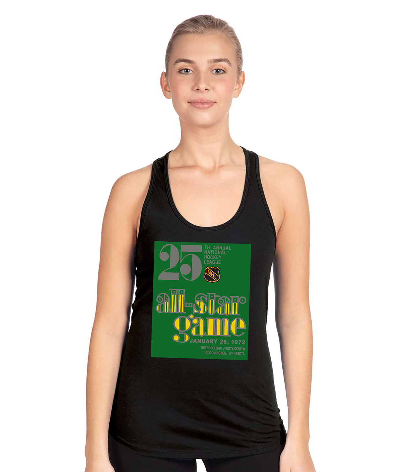 1972 NHL All-Star Game - Bloomington, MN Hockey Logo Symbol Emblem Customized Design on Women's Racerback Tank Top