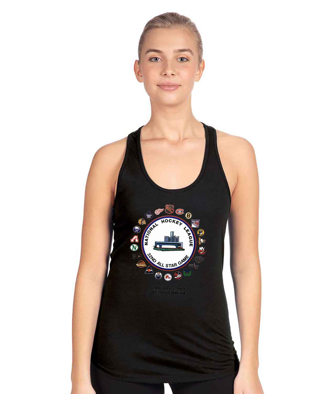 1980 NHL 32nd All-Star Game - Detroit, MI Hockey Logo Symbol Emblem Customized Design on Women's Racerback Tank Top