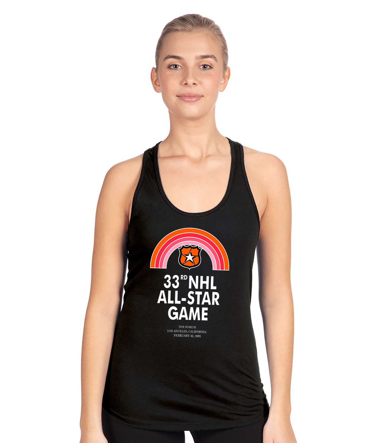 1981 NHL All-Star Game Los Angeles. Hockey Logo Symbol Emblem Customized Design on Women's Racerback Tank Top