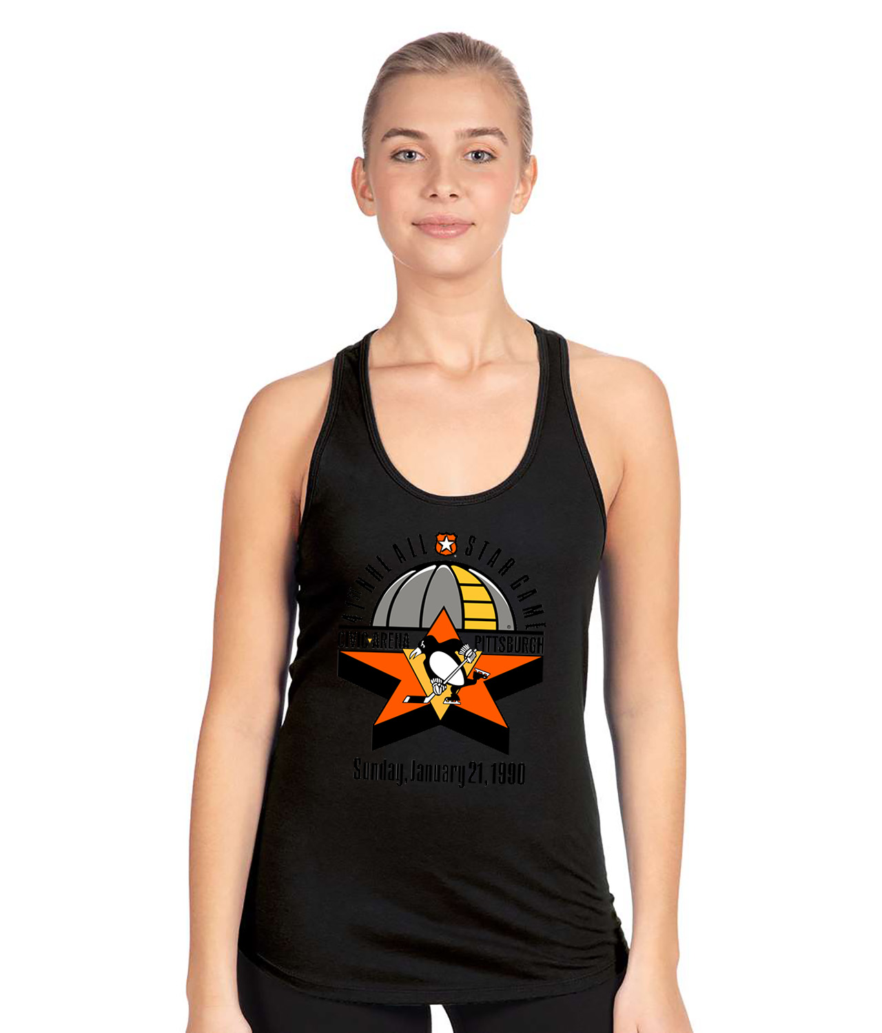 1990 NHL All Star Game In Pittsburgh Hockey Logo Symbol Emblem Customized Design on Women's Racerback Tank Top