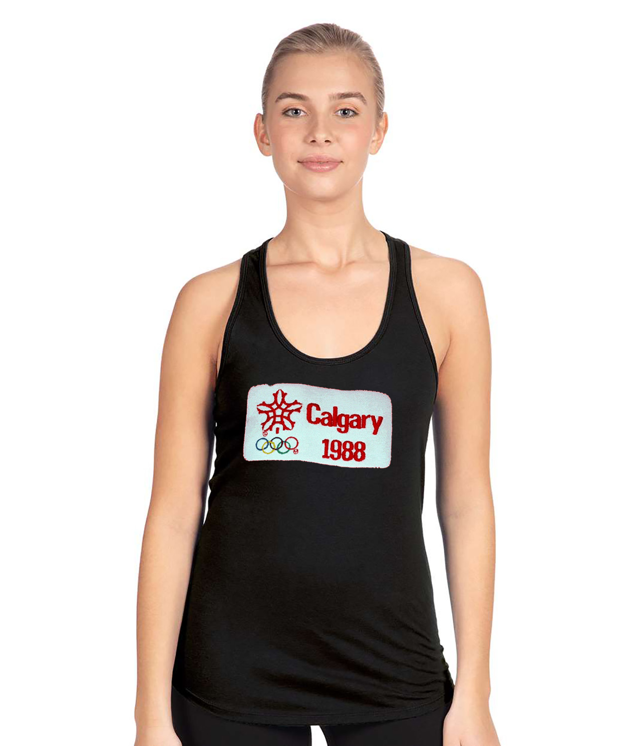 1988 Winter Olympics In Calgary - Calgary Flames Hockey Logo Symbol Emblem Customized Design on Women's Racerback Tank Top