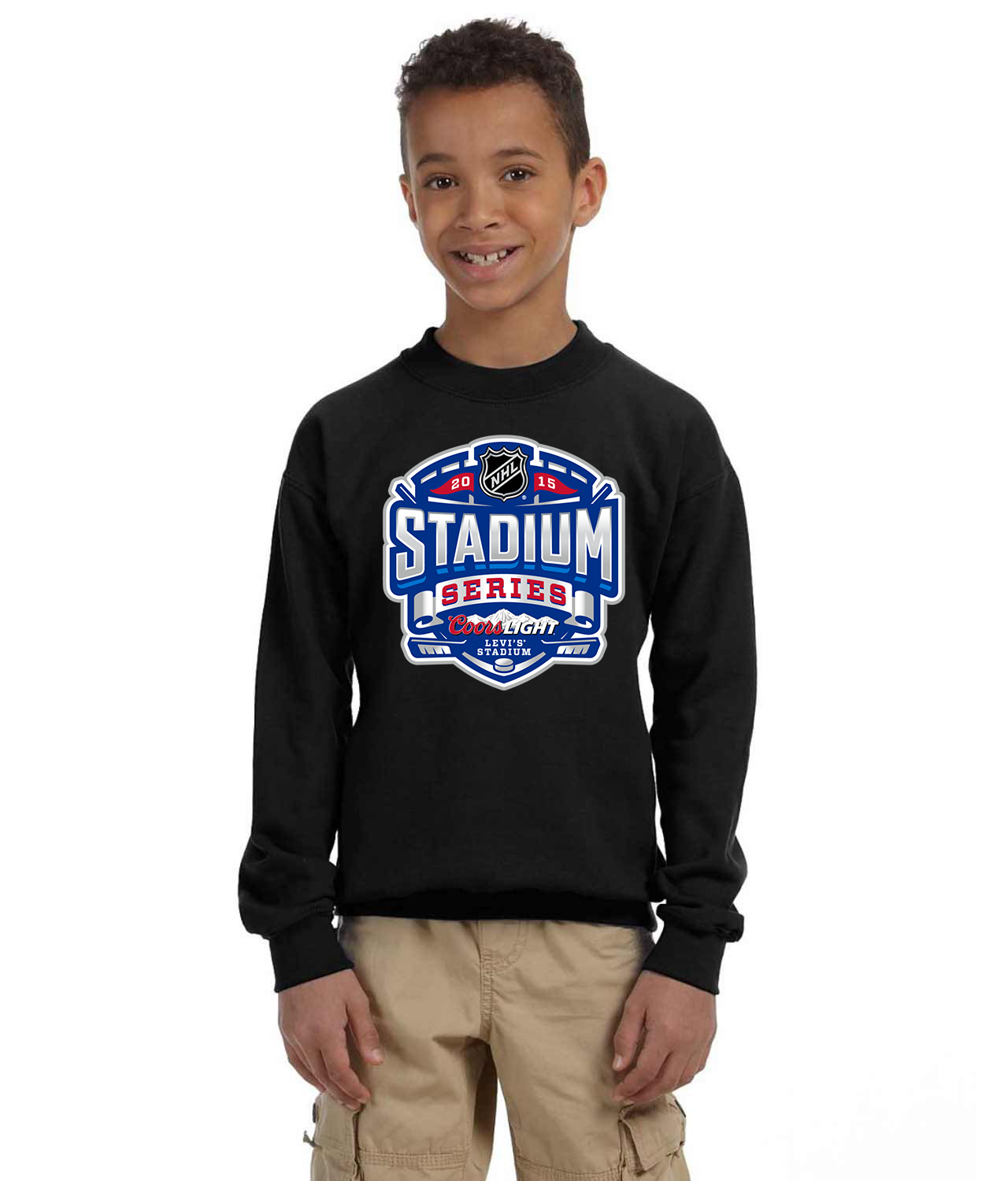 Coors Light 2015 NHL Stadium Series Game - Los Angeles Kings At San Jose Sharks Hockey Logo Emblem Customized Design on Youth Crewneck Sweatshirt