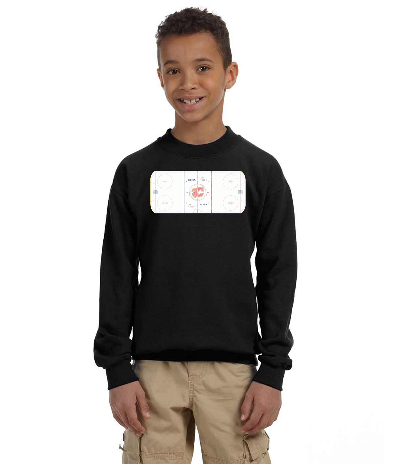 Calgary Flames Scotiabank Saddledome Playing Ice Surface Hockey Logo Symbol Emblem Customized Design on Youth Crewneck Sweatshirt