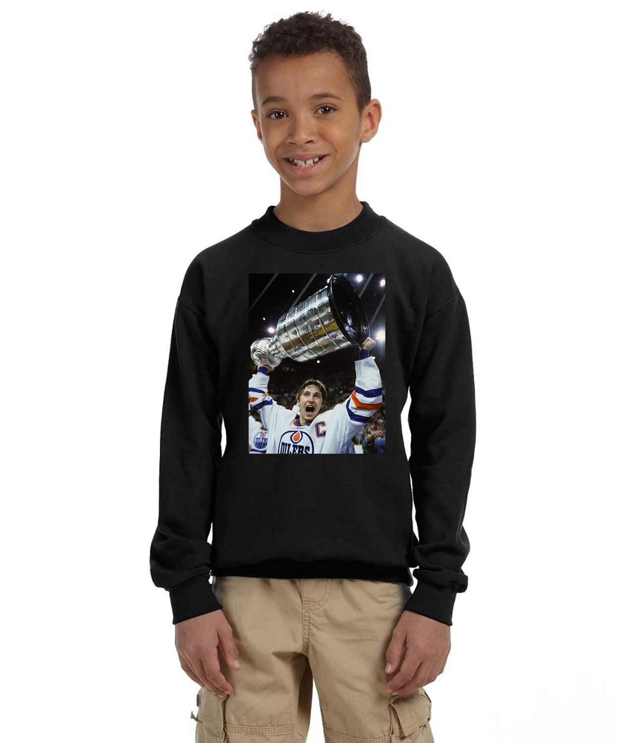 1983 Edmonton Oilers Photo Hockey Logo Symbol Emblem Customized Design on Youth Crewneck Sweatshirt