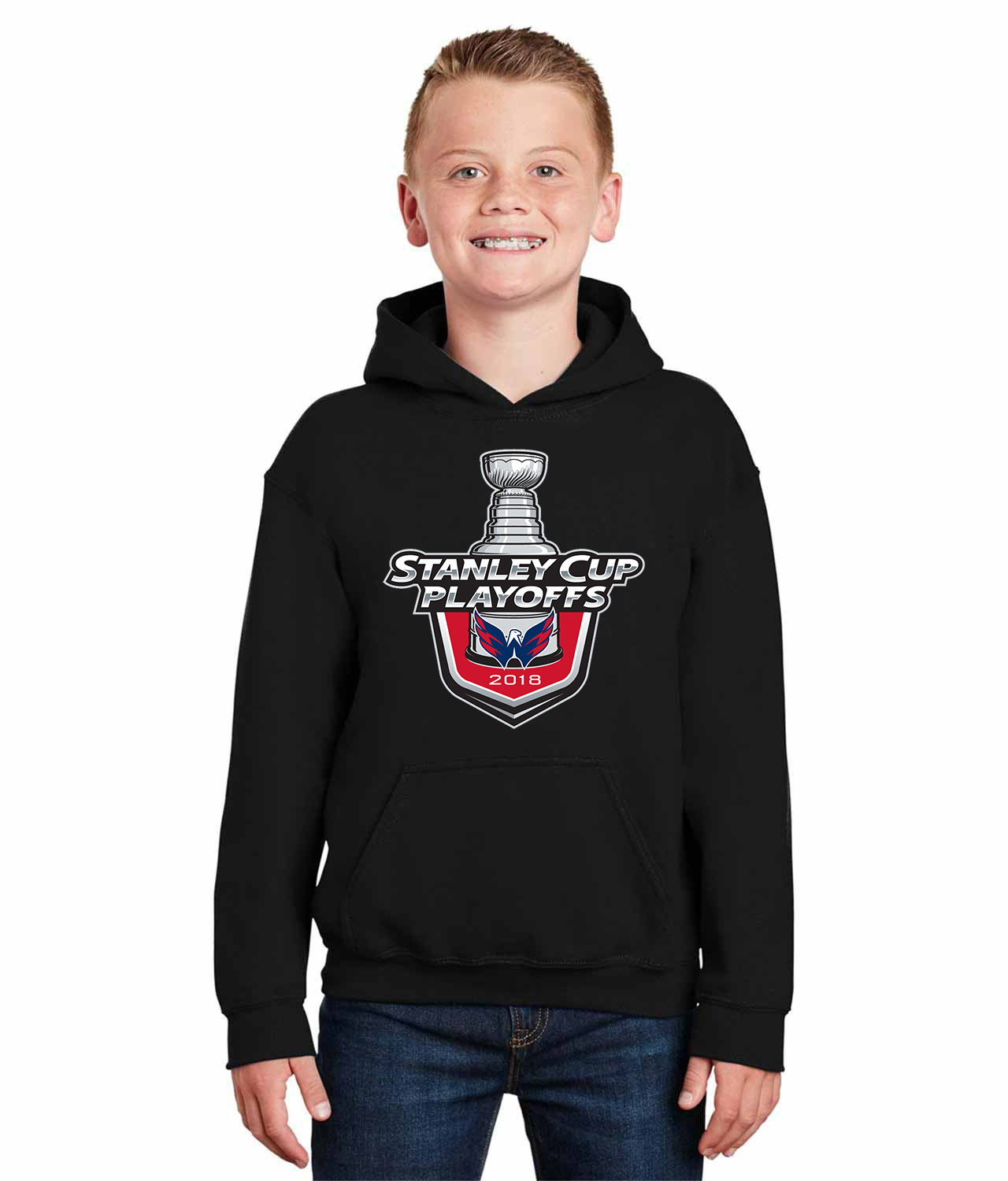 Washington Capitals 2018 Stanley Cup Playoffs Hockey Logo Symbol Emblem Customized Design on Youth Hoodie