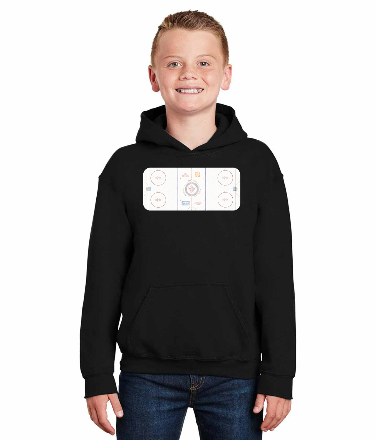 Winnipeg Jets MTS Place Stadium Ice Surface Hockey Logo Symbol Emblem Customized Design on Youth Hoodie