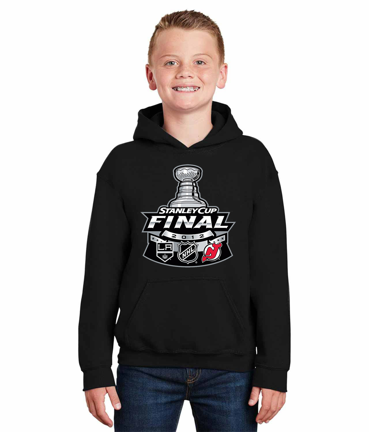 2012 NHL Stanley Cup Final Matchup - Los Angeles Kings Vs New Jersey Devils Hockey Logo Symbol Emblem Customized Design on Youth Hoodie