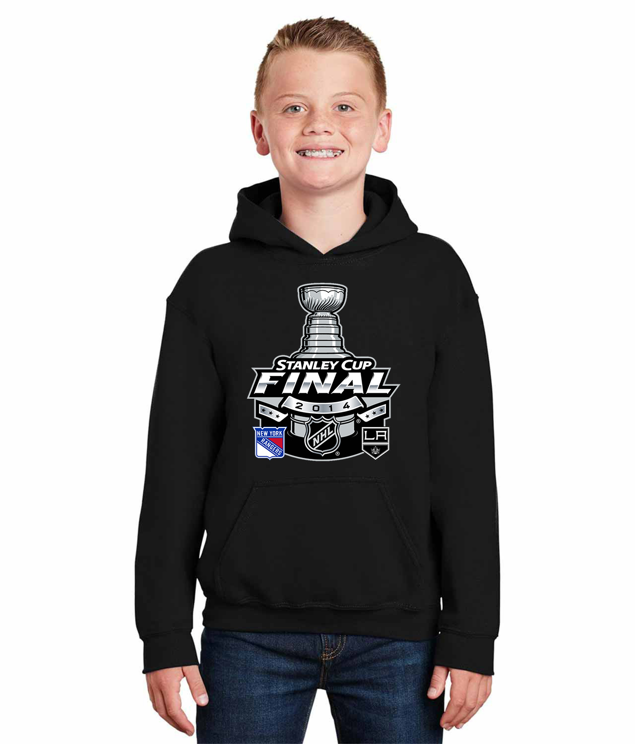 2014 NHL Stanley Cup Final Matchup - Los Angeles Kings Vs New York Rangers Hockey Logo Symbol Emblem Customized Design on Youth Hoodie