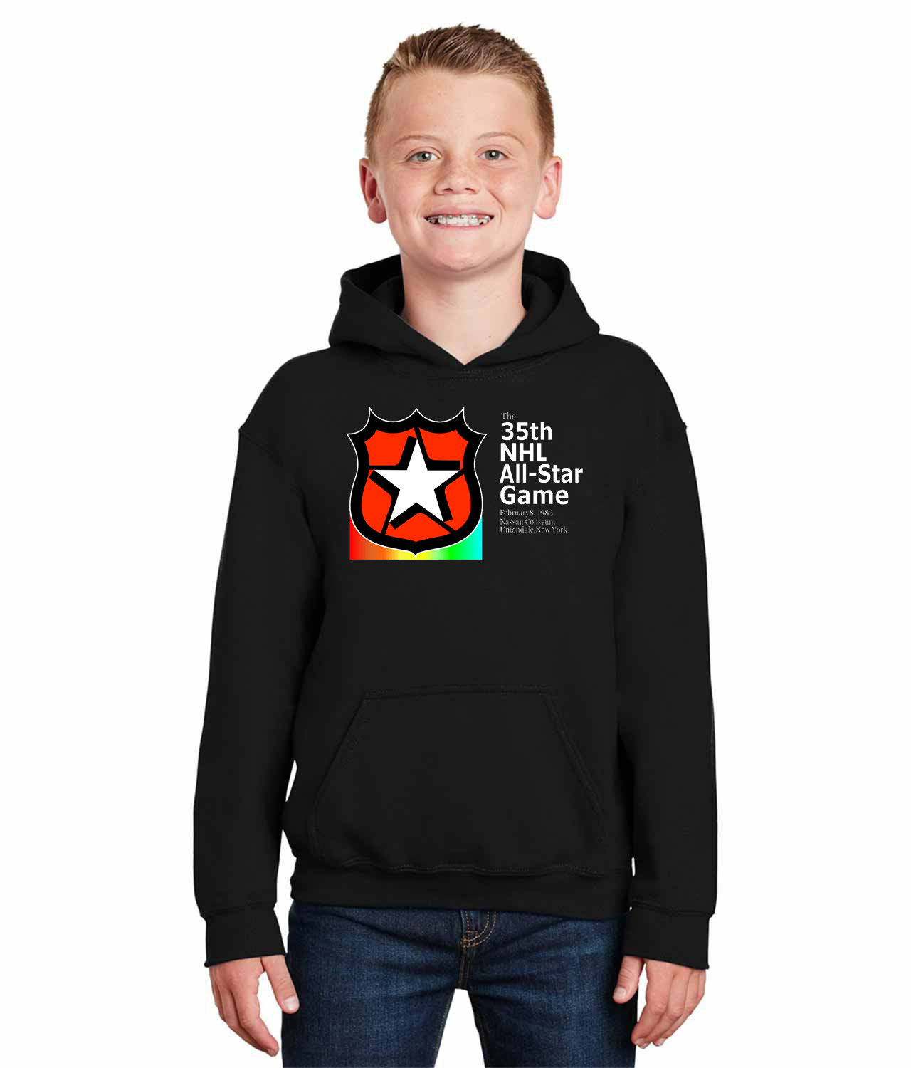 1983 35th NHL All-Star Game Uniondale, New York Hockey Logo Symbol Emblem Customized Design on Youth Hoodie - Image 1