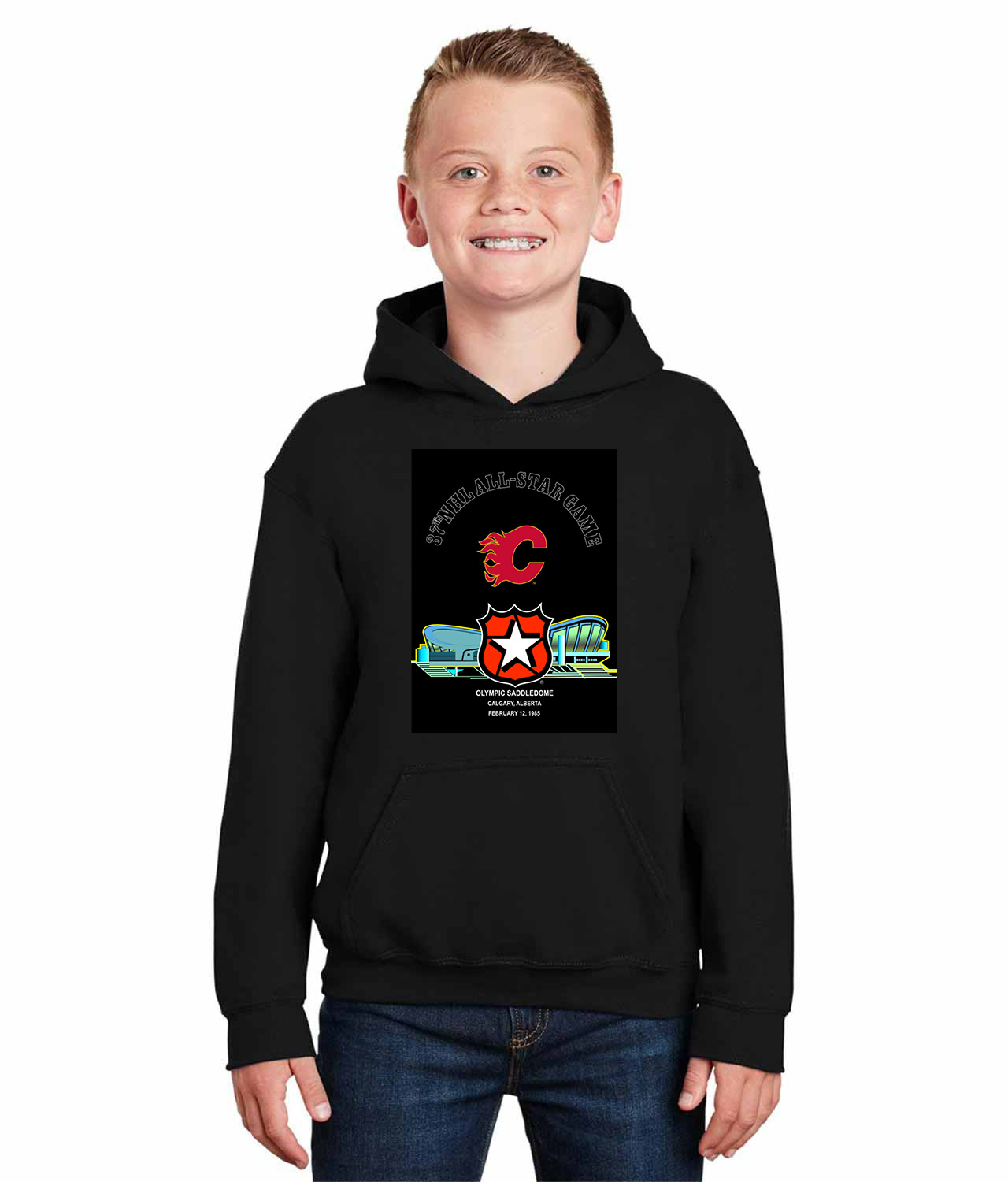 1985 37th NHL All-Star Game Calgary Hockey Logo Symbol Emblem Customized Design on Youth Hoodie