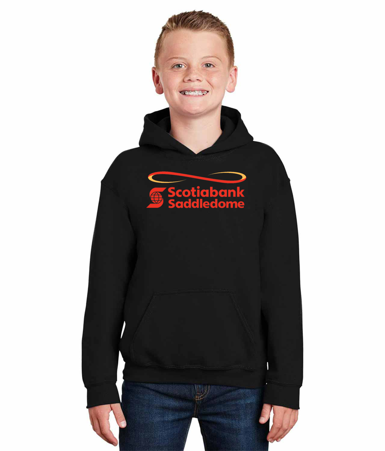 Calgary Flames Scotiabank Saddledome Stadium Hockey Logo Symbol Emblem Customized Design on Youth Hoodie