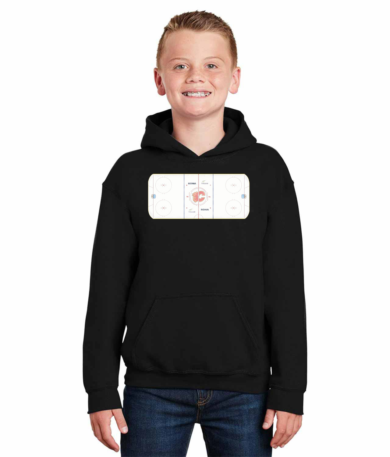 Calgary Flames Scotiabank Saddledome Playing Ice Surface Hockey Logo Symbol Emblem Customized Design on Youth Hoodie