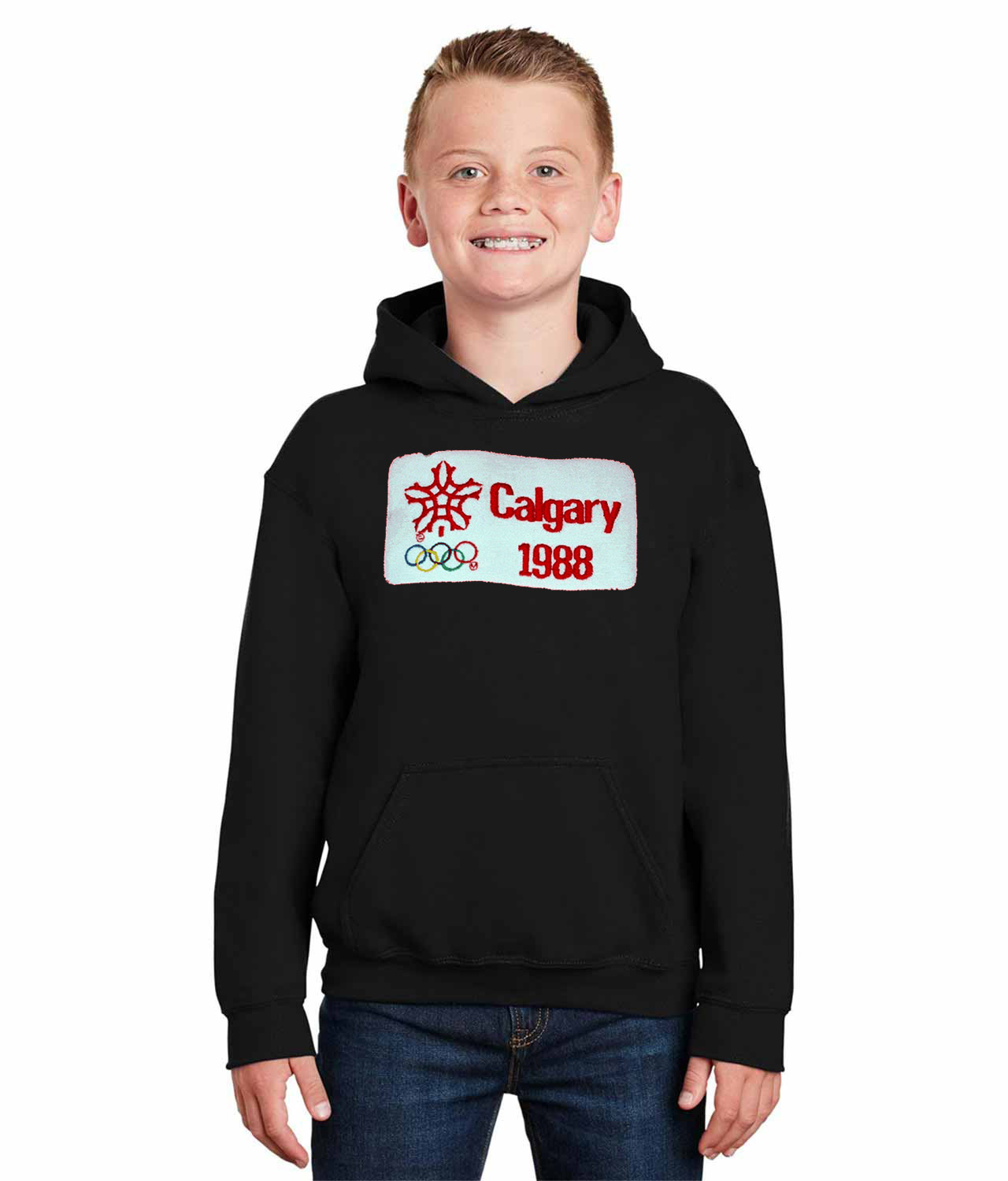 1988 Winter Olympics In Calgary - Calgary Flames Hockey Logo Symbol Emblem Customized Design on Youth Hoodie