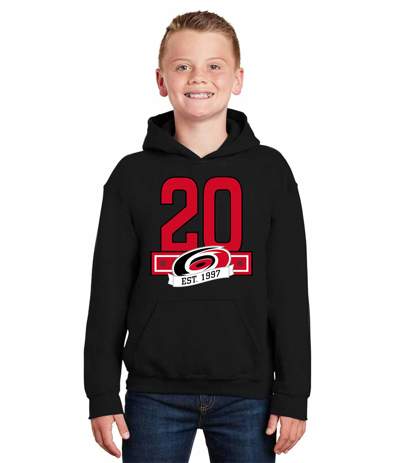 20th Anniversary Of The Carolina Hurricanes Hockey Logo Symbol Emblem Customized Design on Youth Hoodie