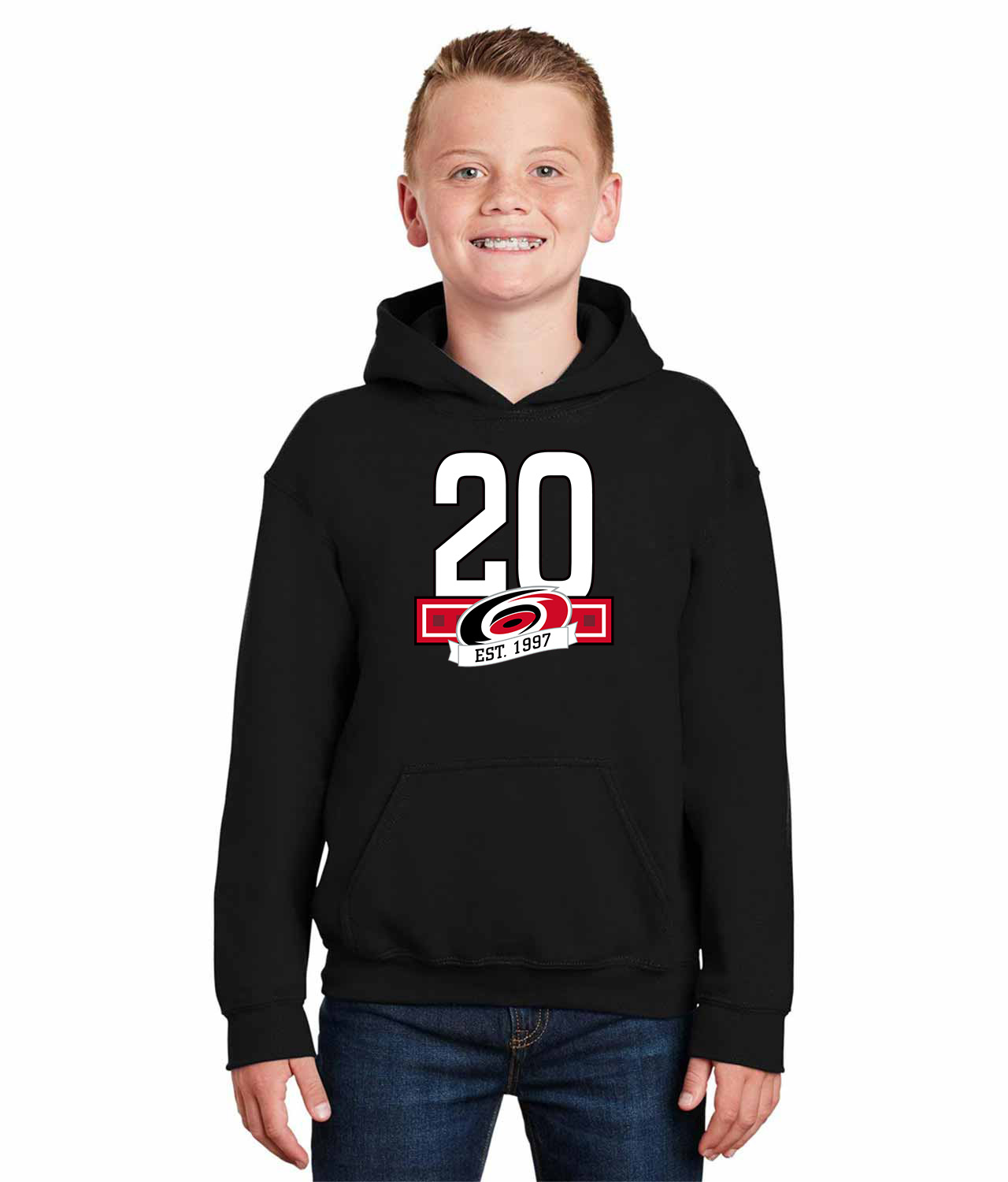 20th Anniversary Of The Carolina Hurricanes White Hockey Logo Symbol Emblem Customized Design on Youth Hoodie
