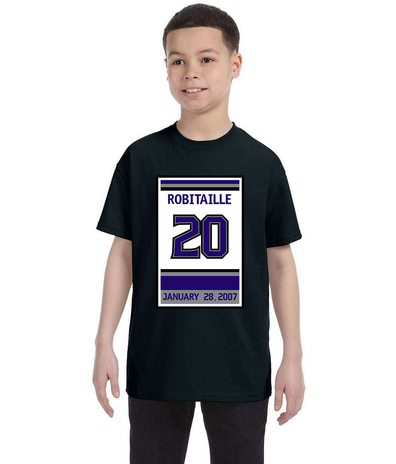 Los Angeles Kings Luc Robitaille Retirement Ceremony Patch Hockey Logo Symbol Emblem Customized Design on Youth T-Shirt Tee