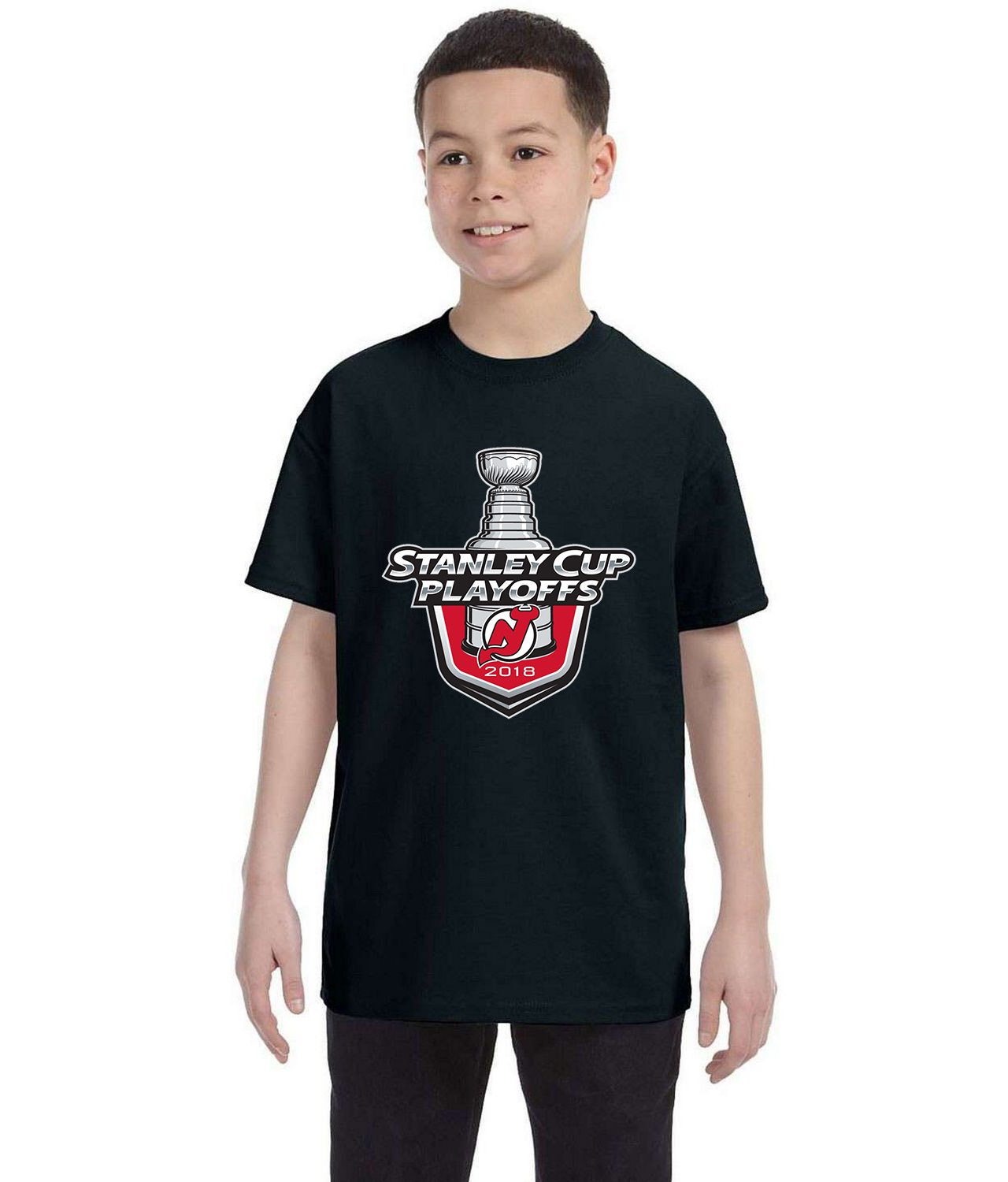 New Jersey Devils 2018 Stanley Cup Playoffs Hockey Logo Symbol Emblem Customized Design on Youth T-Shirt Tee