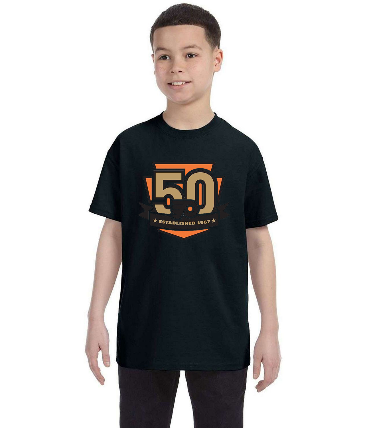 Philadelphia Flyers 50th Anniversary Hockey Logo Symbol Emblem Customized Design on Youth T-Shirt Tee
