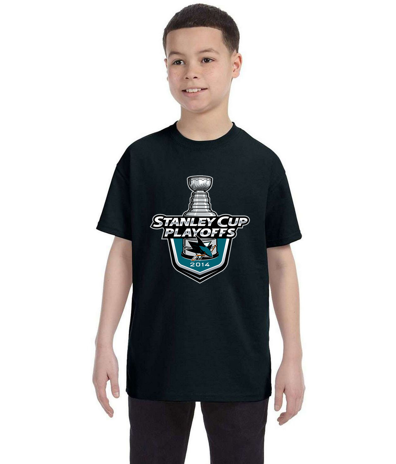 2014 Stanley Cup Playoffs - San Jose Sharks Hockey Logo Symbol Emblem Customized Design on Youth T-Shirt Tee