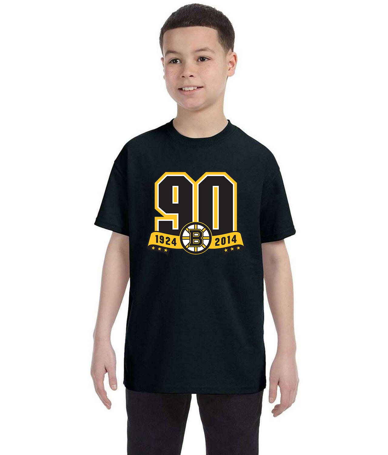 Boston Bruins 90th Anniversary Hockey Logo Symbol Emblem Customized Design on Youth T-Shirt Tee