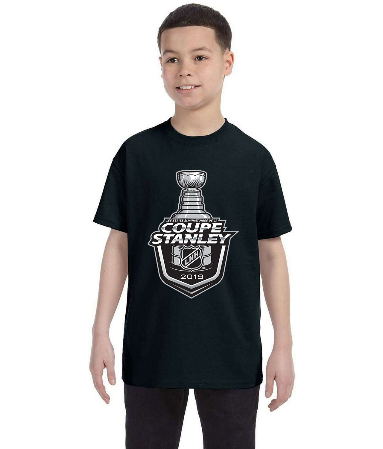 2019 NHL Stanley Cup Playoffs French Version Coupe Stanley 2019 Hockey Logo Symbol Emblem Customized Design on Youth T-Shirt Tee