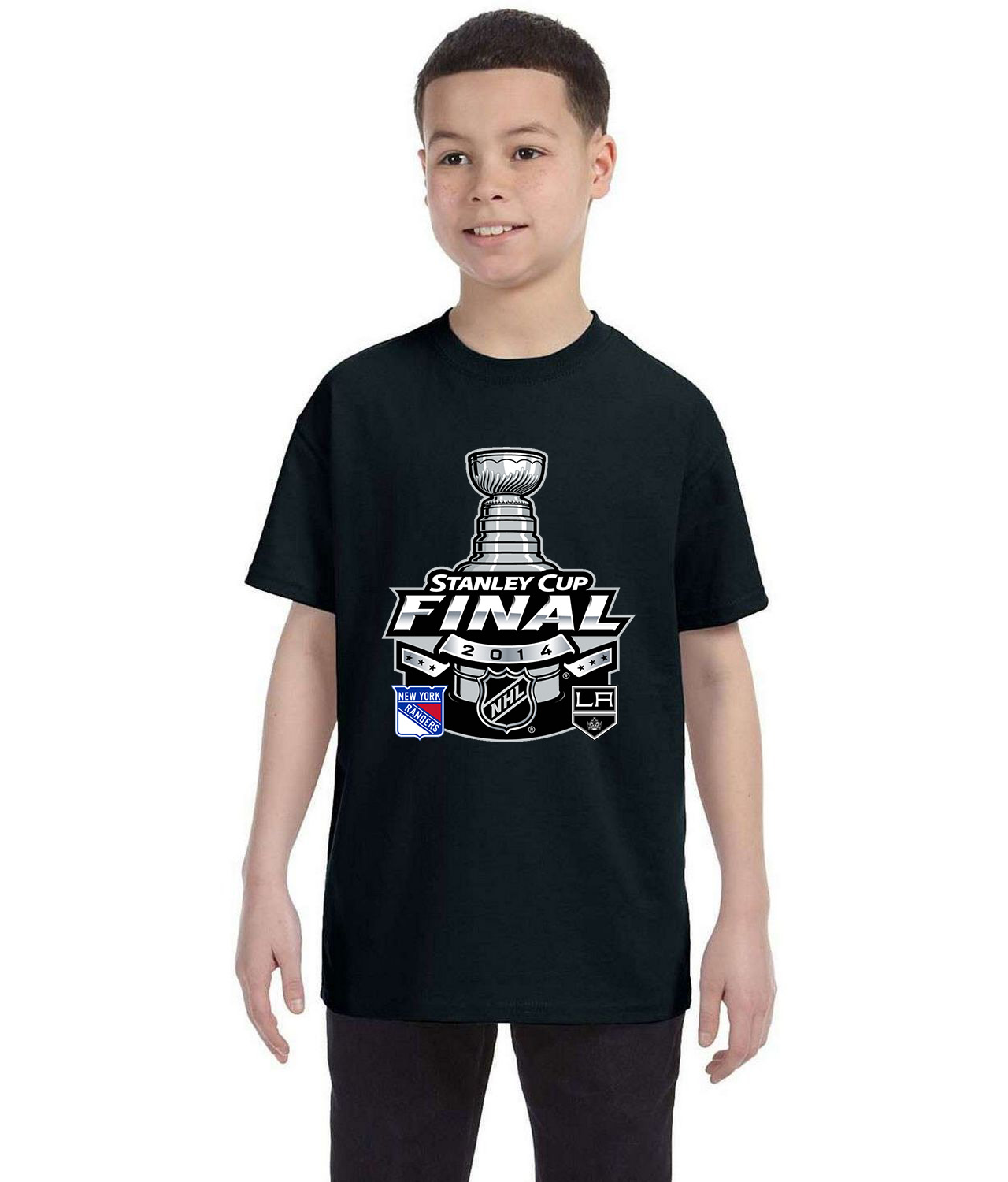 2014 NHL Stanley Cup Final Matchup - Los Angeles Kings Vs New York Rangers Hockey Logo Symbol Emblem Customized Design on Youth T-Shirt Tee
