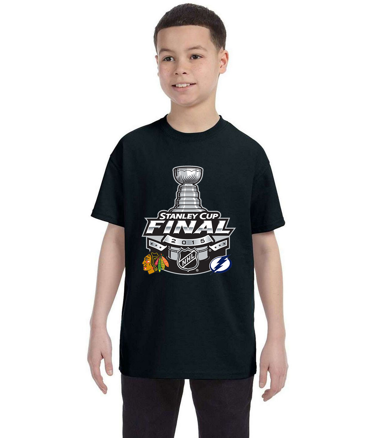 2015 NHL Stanley Cup Final Matchup - Chicago Blackhawks Vs Tampa Bay Lightning Hockey Logo Symbol Emblem Customized Design on Youth T-Shirt Tee