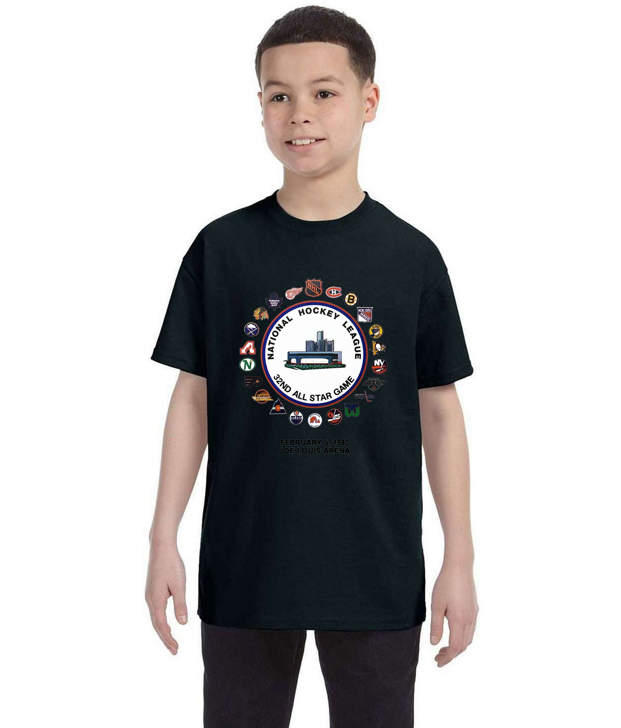 1980 NHL 32nd All-Star Game - Detroit, MI Hockey Logo Symbol Emblem Customized Design on Youth T-Shirt Tee