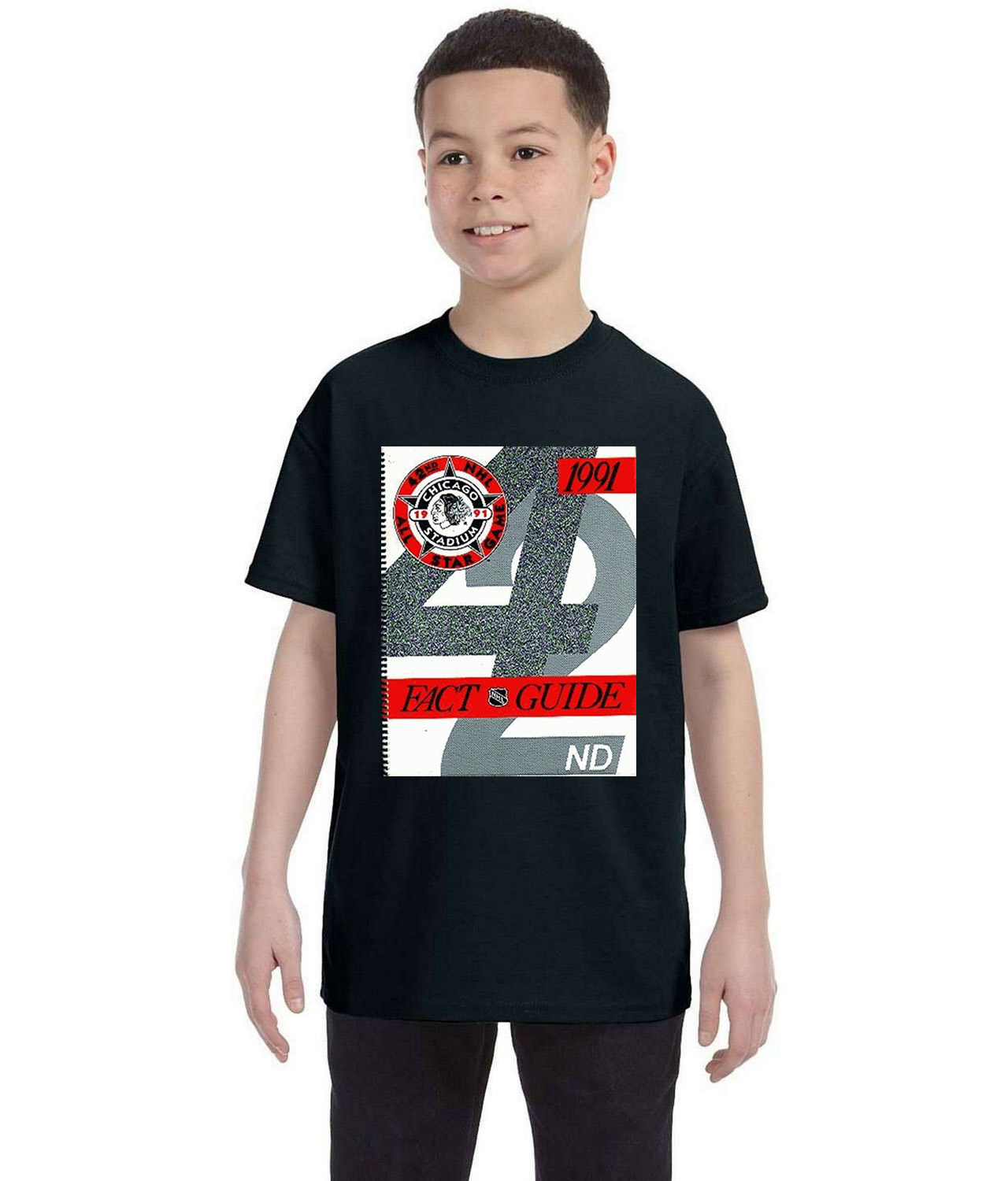 1991 NHL All-Star Game Media Guide Chicago Blackhawks Hockey Logo Symbol Emblem Customized Design on Youth T-Shirt Tee