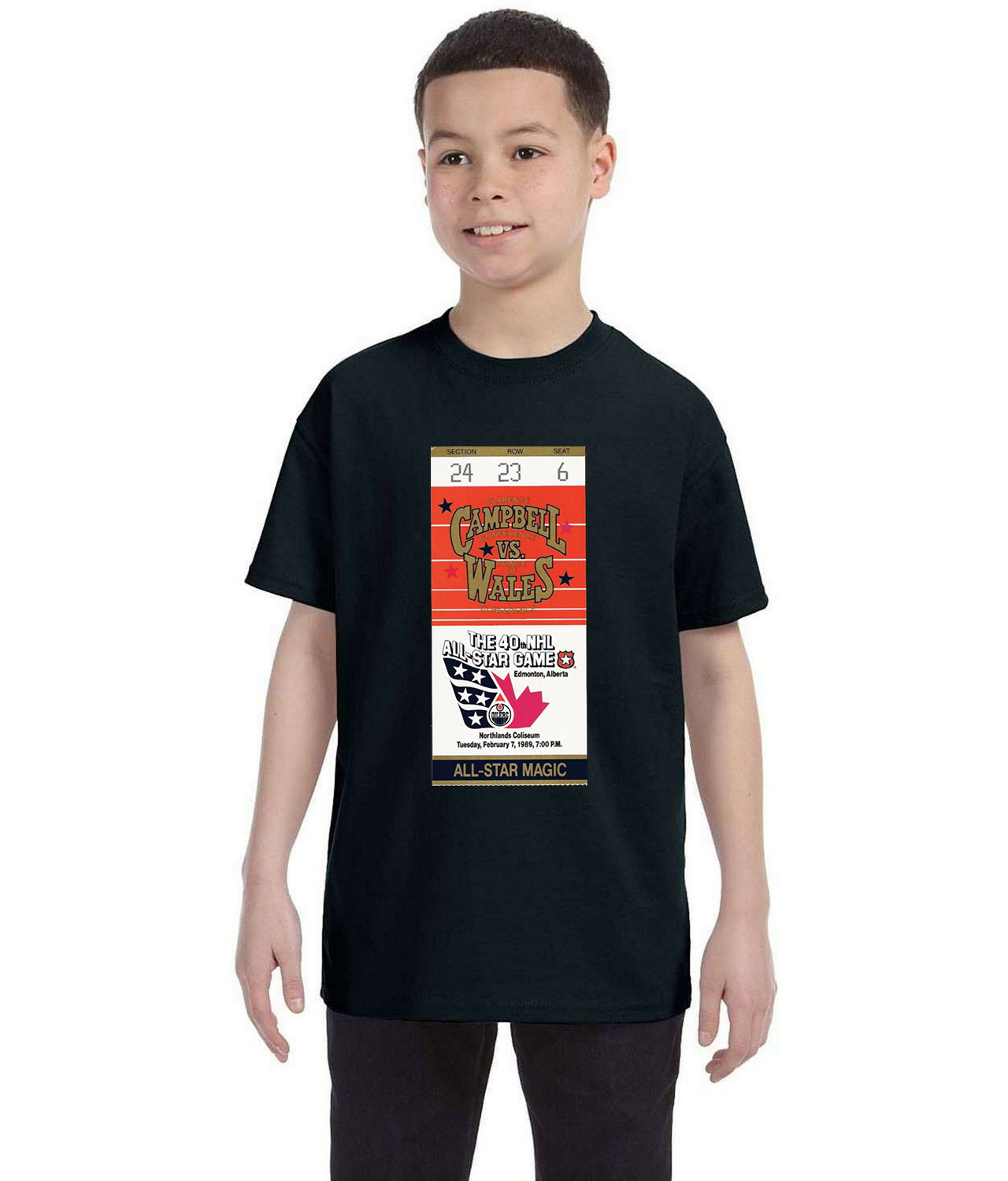 1989 NHL All-Star Game Ticket Stub Edmonton Oilers Hockey Logo Symbol Emblem Customized Design on Youth T-Shirt Tee