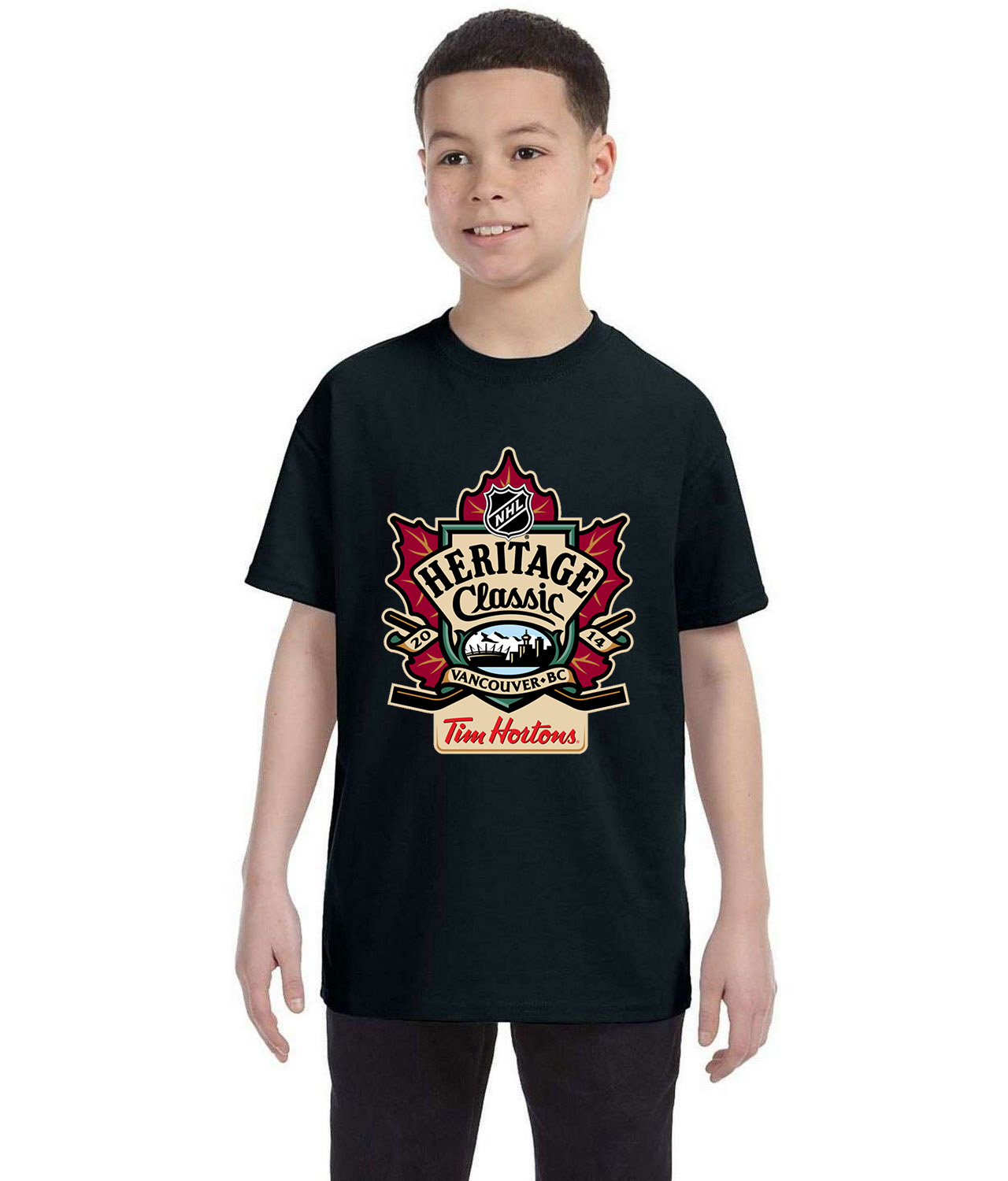 2014 Tim Hortons NHL Heritage Classic - Vancouver, BC Hockey Logo Symbol Emblem Customized Design on Youth T-Shirt Tee