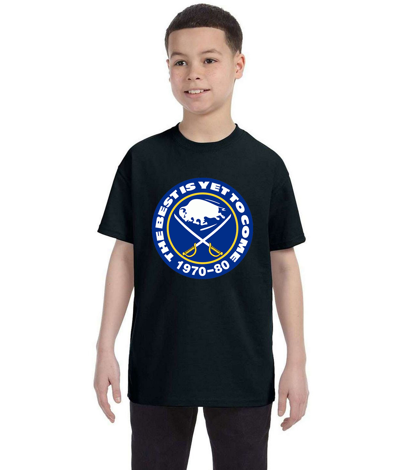 Buffalo Sabres The Best Is Yet To Come 1970-80 Hockey Logo Symbol Emblem Customized Design on Youth T-Shirt Tee