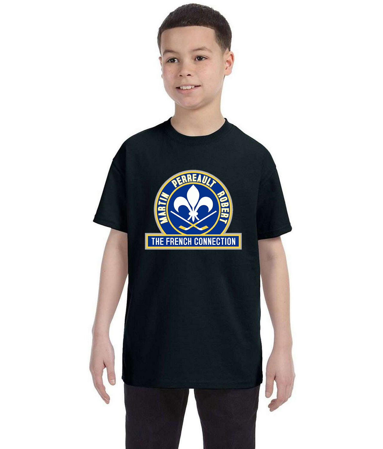 Buffalo Sabres The French Connection Hockey Logo Symbol Emblem Customized Design on Youth T-Shirt Tee